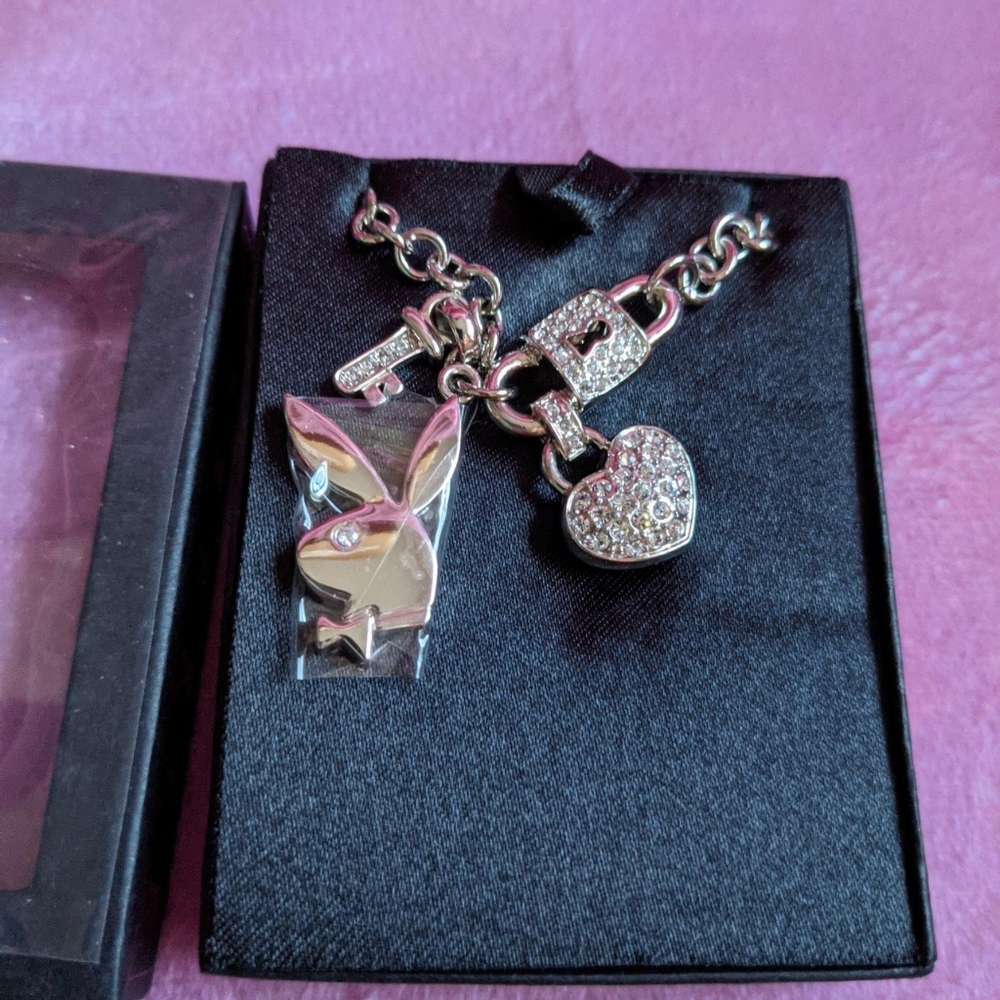 Playboy bling heart key lock necklace